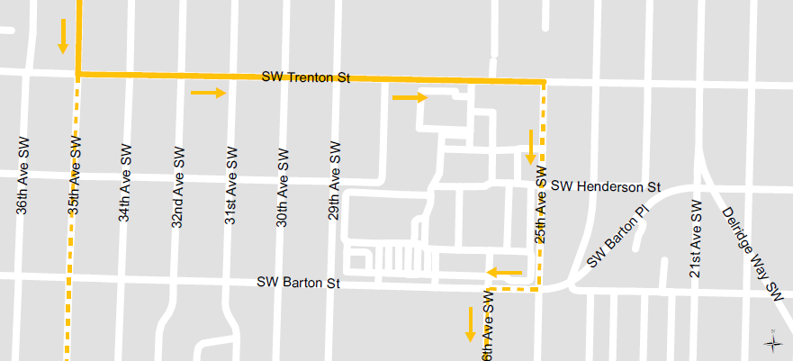 Map of the Route 21 bus detour with solid yellow lines and arrows, travelling south on 35th Ave SW, before turning east onto SW Trenton St, then turning south onto 25th Ave SW.&nbsp; &nbsp;