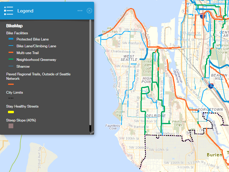 A map showing the bike routes in West Seattle