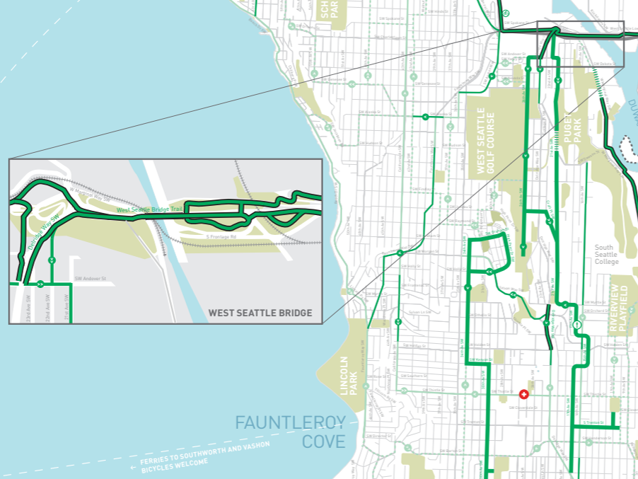 Map of the West Seattle Bridge bike routes