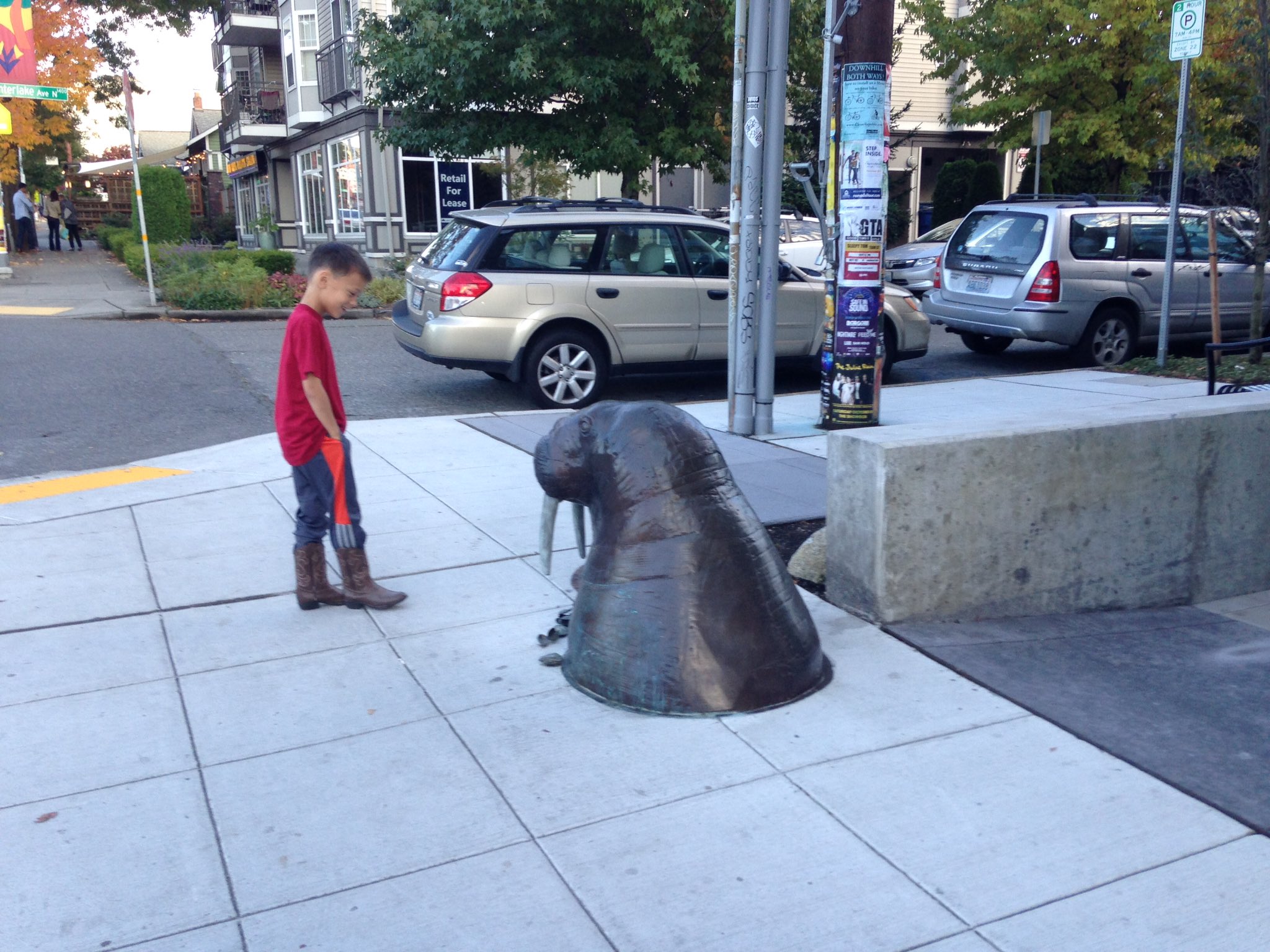 Child looks at walrus sculpture outside of Smith & Burns in Wallingford