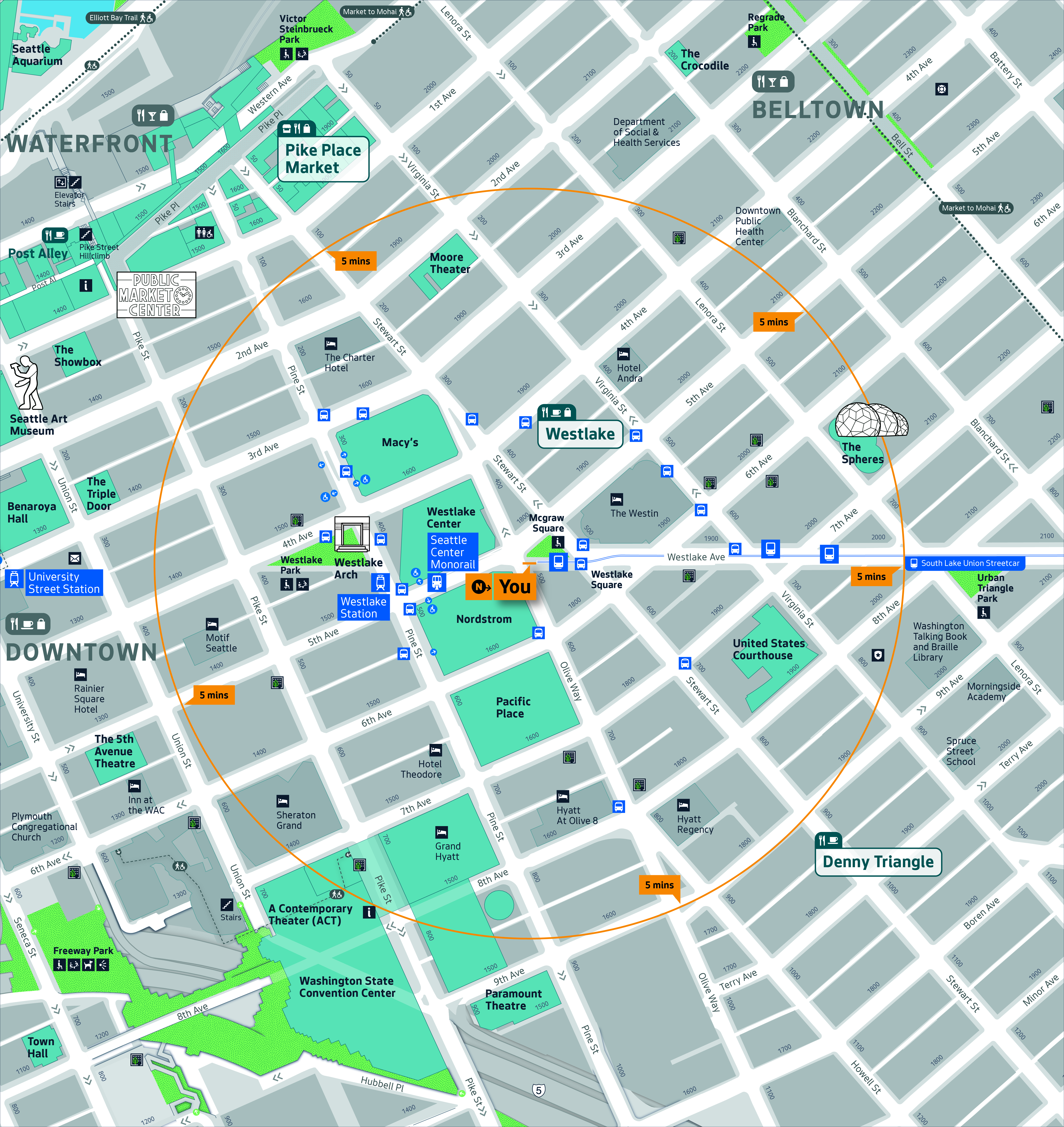 Wayfinding base map for pedestrians around Westlake in downtown Seattle