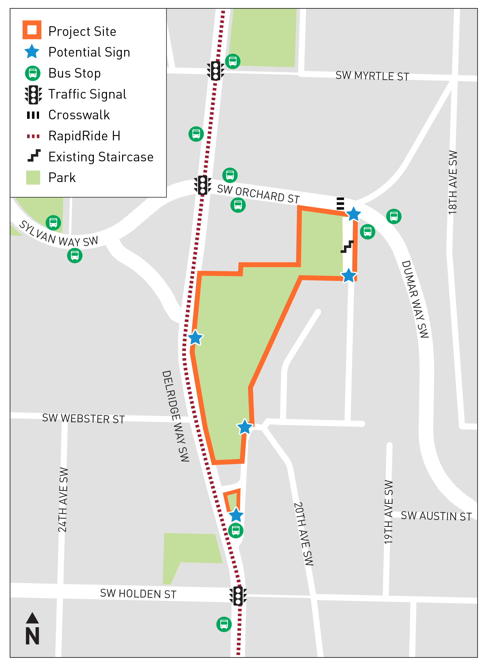 Map of project site near Delridge Way SW with potential sign locations, bus stops, and nearby park.