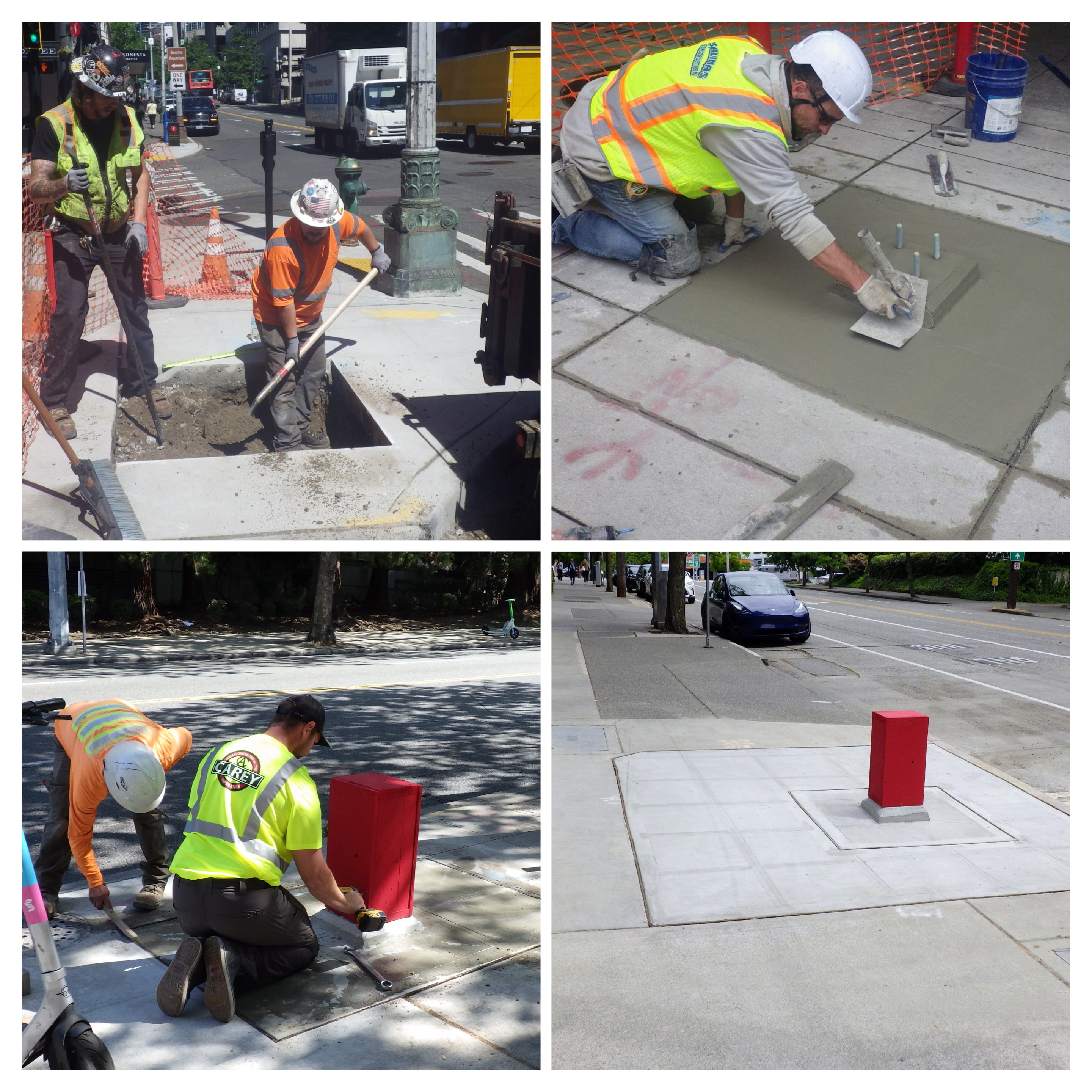 From excavation to finishing touches, the photo above shows the step-by-step process of preparing foundations for Seattle’s new wayfinding signs—including concrete work, anchor installation, and final adjustments before the signs are installed.