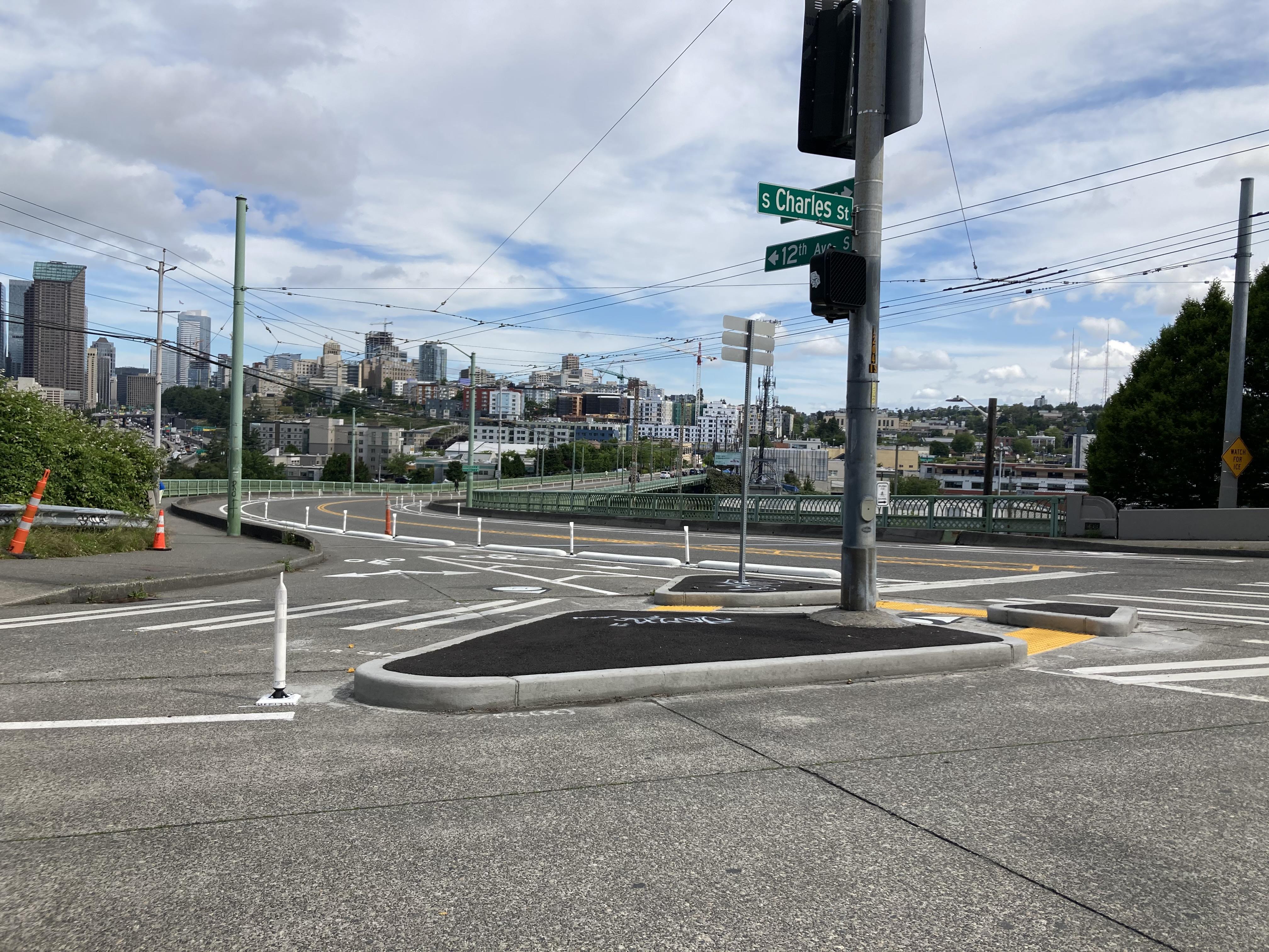 View of new directional, protected bike lanes on the Jose Rizal Bridge.