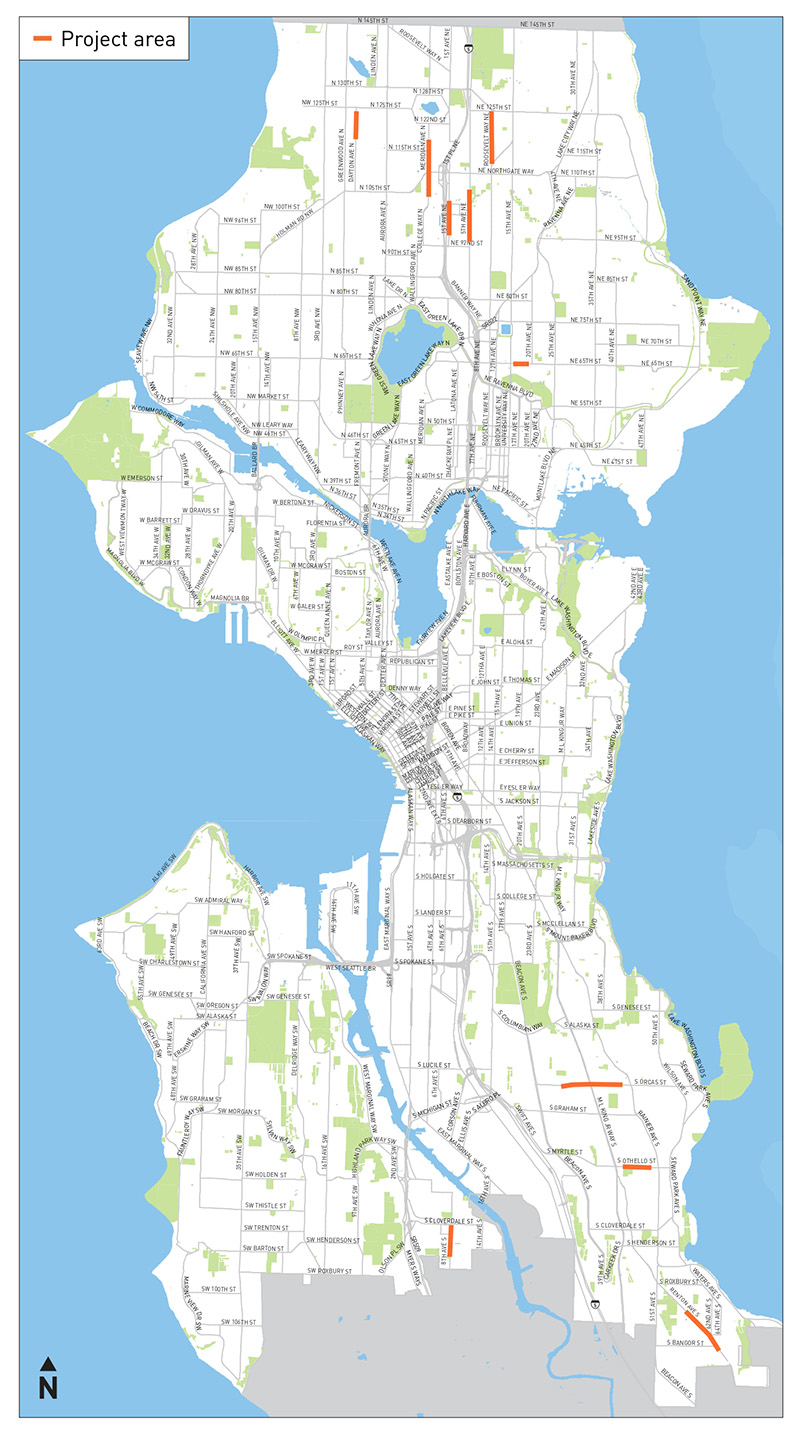 Map of all of Seattle, showing the project locations that were mentioned earlier-  6 projects in North Seattle, 3 in South Seattle, and one in West Seattle.