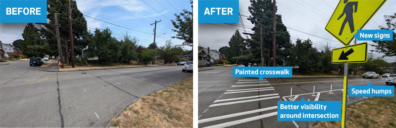 Before and After photos.  Before photo shows a sidwalk and road with no traffic calming features.  After photo shows a painted crosswalk, a box with flexiposts where cars can't park to include better visibility, speed humps on the road and bright yellow walk signs