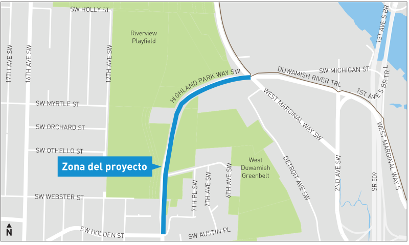 Mapa del área del proyecto, que se extiende a lo largo de Highland Park Way Southwest desde Southwest Holden Street hasta la West Marginal Way Southwest y el sendero del río Duwamish. El mapa incluye una foto de una persona caminando por el sendero existente a lo largo de Highland Park Way Southwest.
