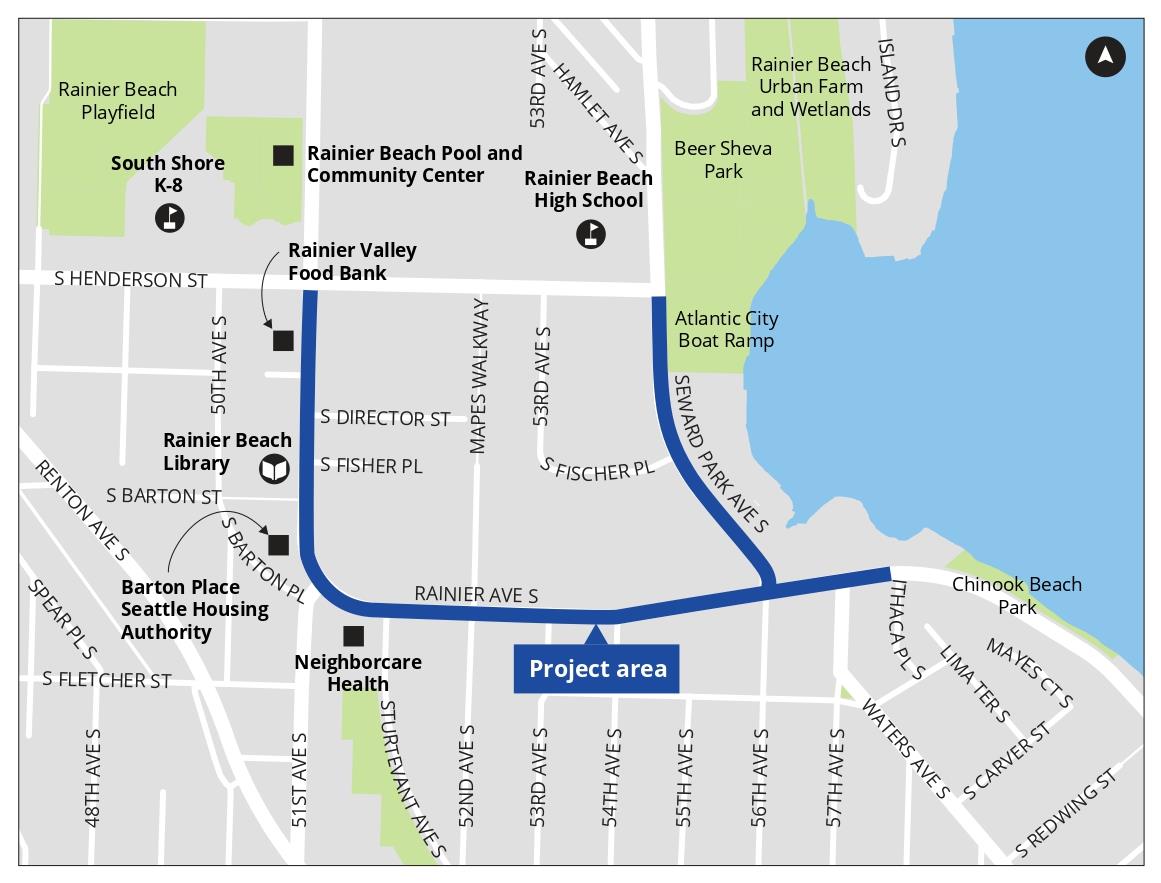 Map showing project area on Rainier Ave S from S Henderson St to Ithaca Pl S and on Seward Park Ave S from S Henderson St to Rainier Ave S.