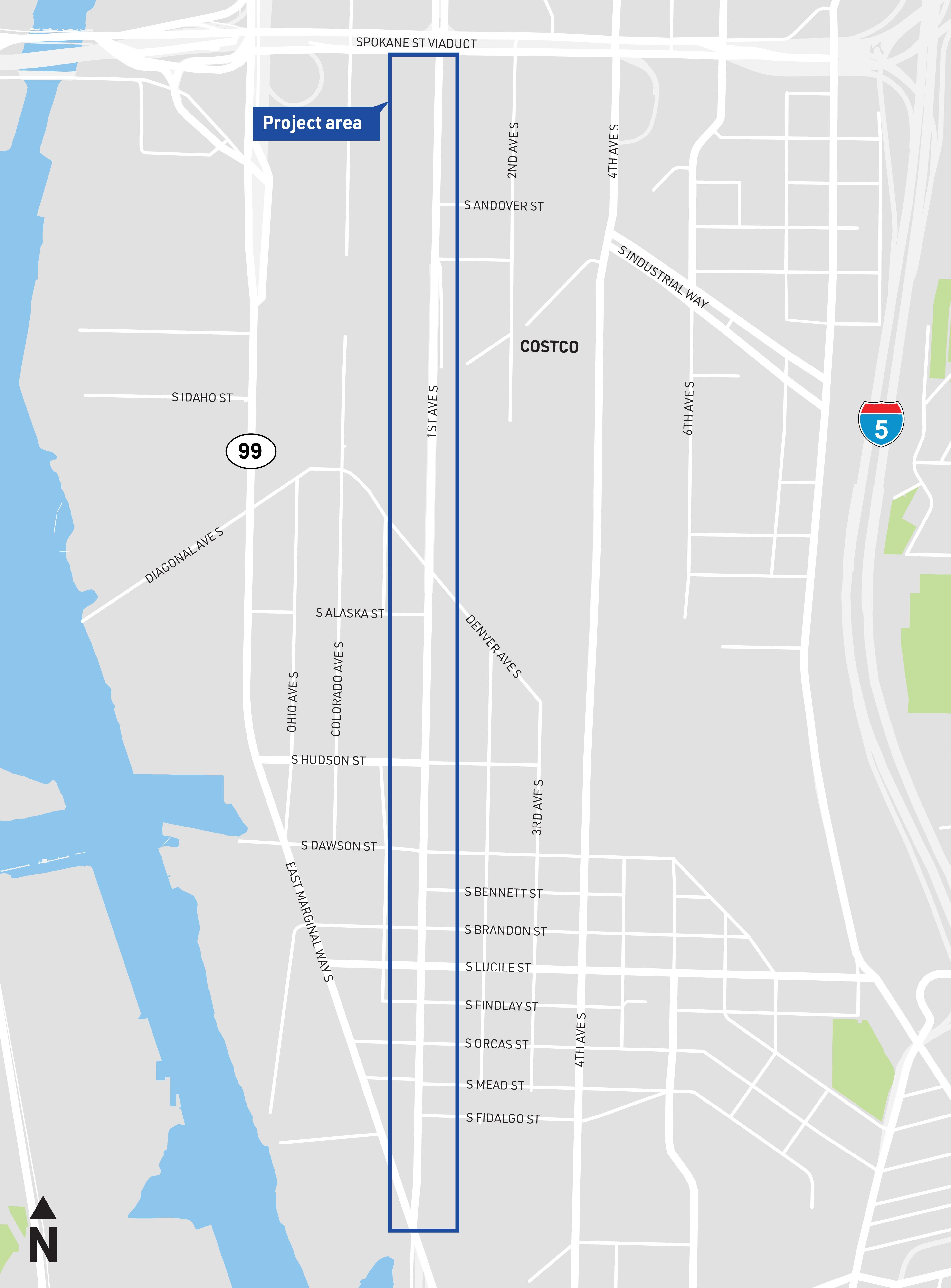 Project Area Map for 1st Ave S Sidewalks Project
