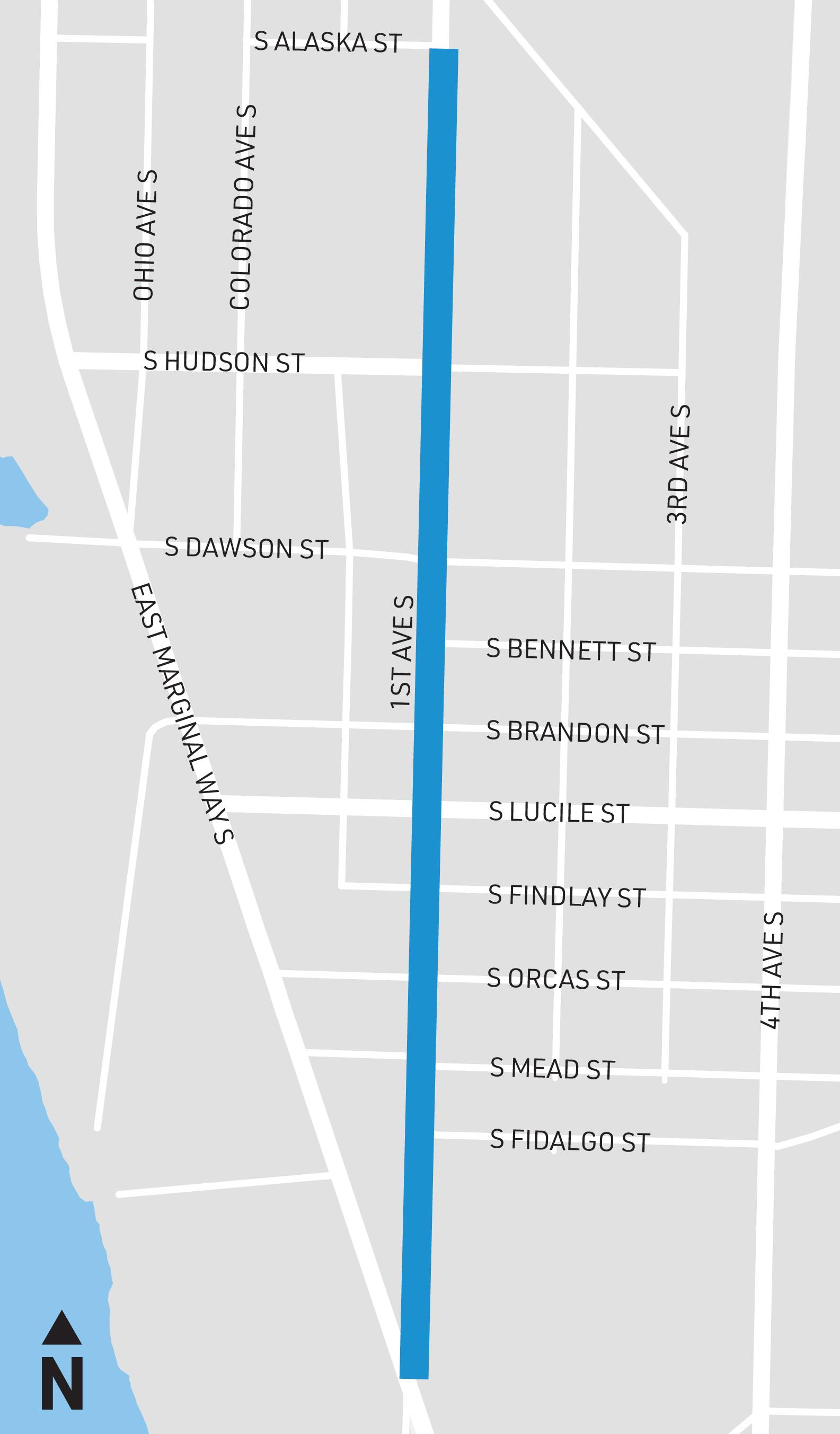 1st Ave S Sidewalks Project Area Map in Georgetown