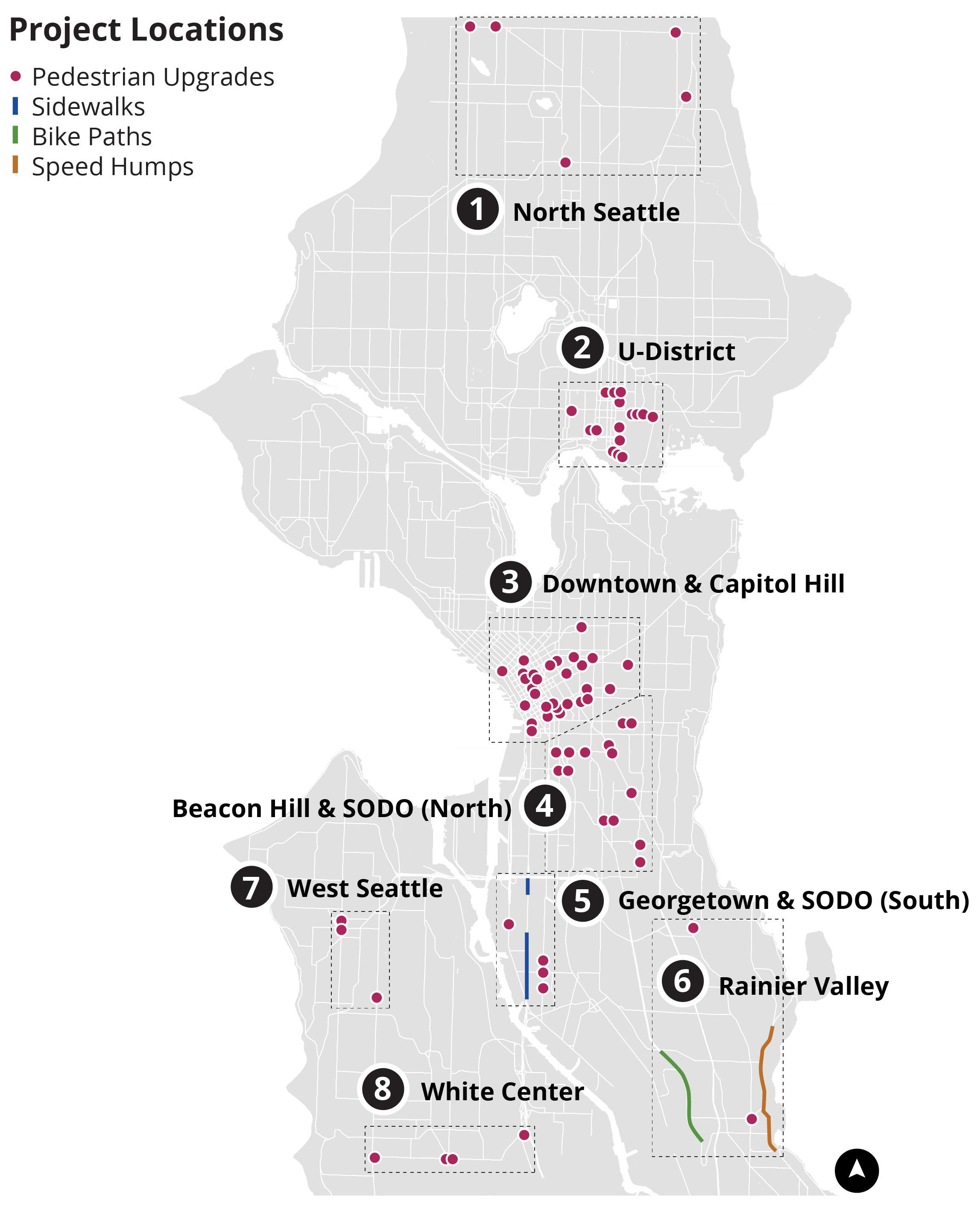 Map of the city showing 1 North Seattle, 2 U-District, 3 Downtown & Capitol Hill, 4 Beacon Hill & SODO (North), 5 Georgetown & SODO (South), 6 Rainier Valley, 7 West Seattle, 8 Roxhill and Delridge