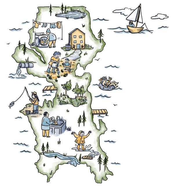 Illustrated map of Seattle with people using water for aa variety of purposes.