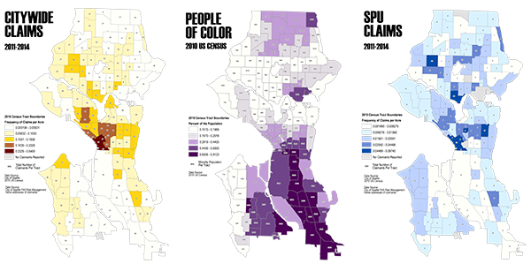 3 spearate maps of Seattle showing differences in claims citywide, by people of color, and SPU claims.