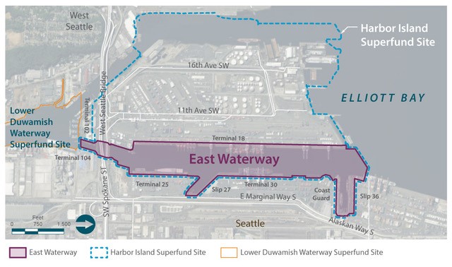Map with the Harbor island Superfund Site, the East Waterway, and the Lower Duwamish Waterway Superfund Site.