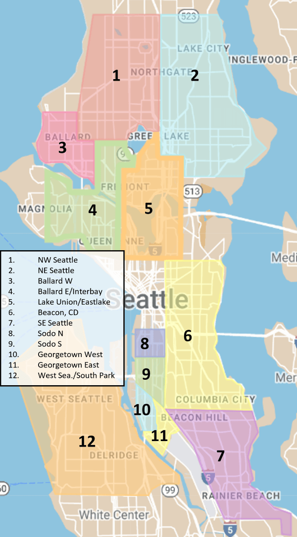 Graphical map of Seattle with wastewater pump out regions highlighted