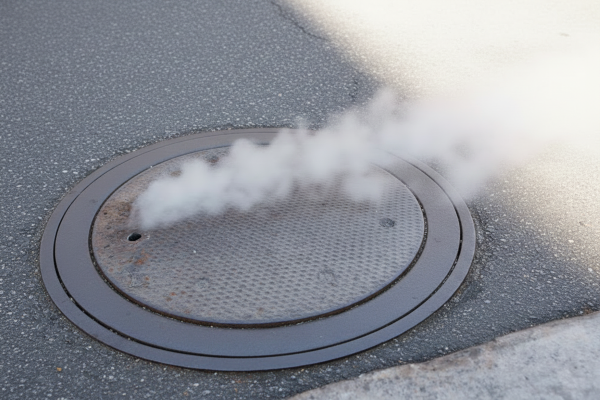 A maintenance hole cover with water vapor escaping.