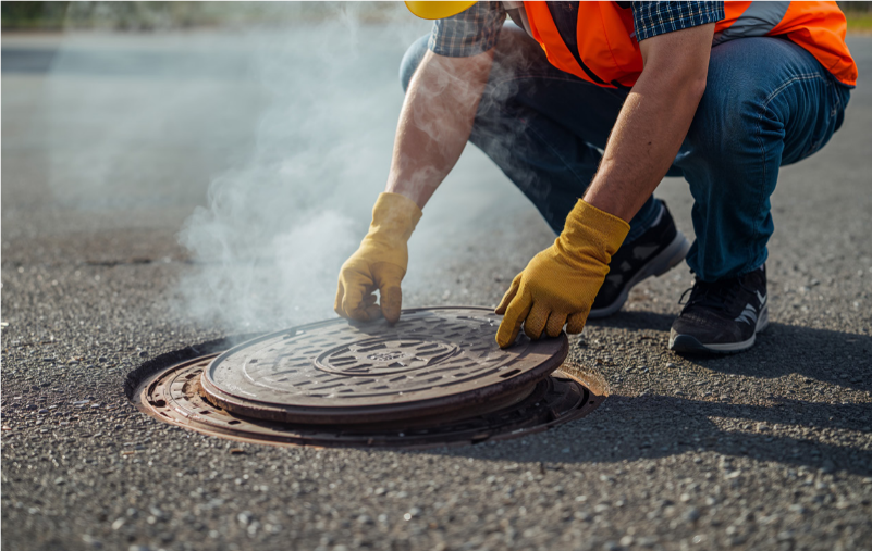 An utility worker lifting a maintenance hole cover with water vapor plumes.