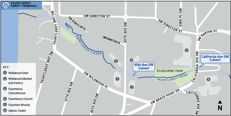 Map of area around Fauntleroy Creek showing culvert under 45th St SW