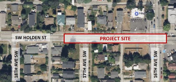 Aerial view of project site on SW Holden St between 16th Ave SW and 17th Ave SW