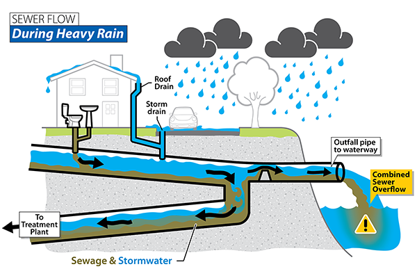 Graphical diagram shows wastewater path into a combined sewer during wet weather. From a house, sources include roof drains, storm drains, sinks, and toilets. Stormwater and sewage flows combine toward treatment plan, but overtop barriers and partially flows into outfall pipes and then into waterways.