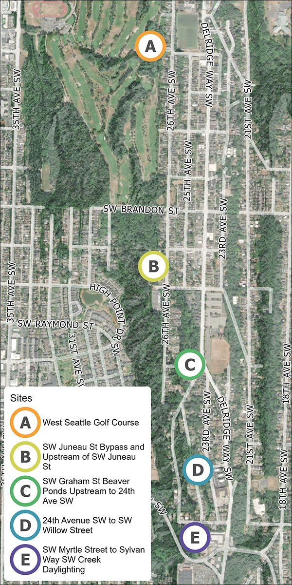 Aerial map of Longfellow Creek area showing potential floodplain restoration sites. A, West Seattle Golf Course. B, Southwest Juneau Street Bypass and Upstream of Southwest Juneau Street. C, Southwest Graham Street Beaver Ponds upstream to 24th Avenue Southwest. D, 24th Avenue SW to Southwest Willow Street. E, Southwest Myrtle Street to Sylvan Way Southwest Creek Daylighting.