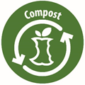Graphical image of green Compost icon with circling arrows around an apple core