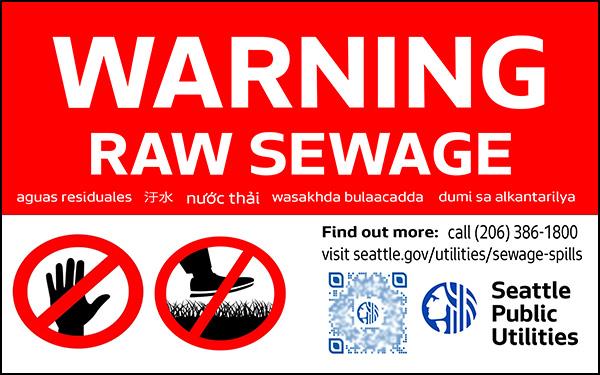 Example signage with text "Warning Raw Sewage" with translations and contact information.