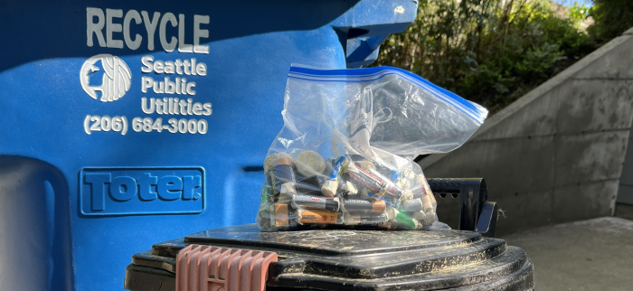 A bag of batteries and a recycling bin.