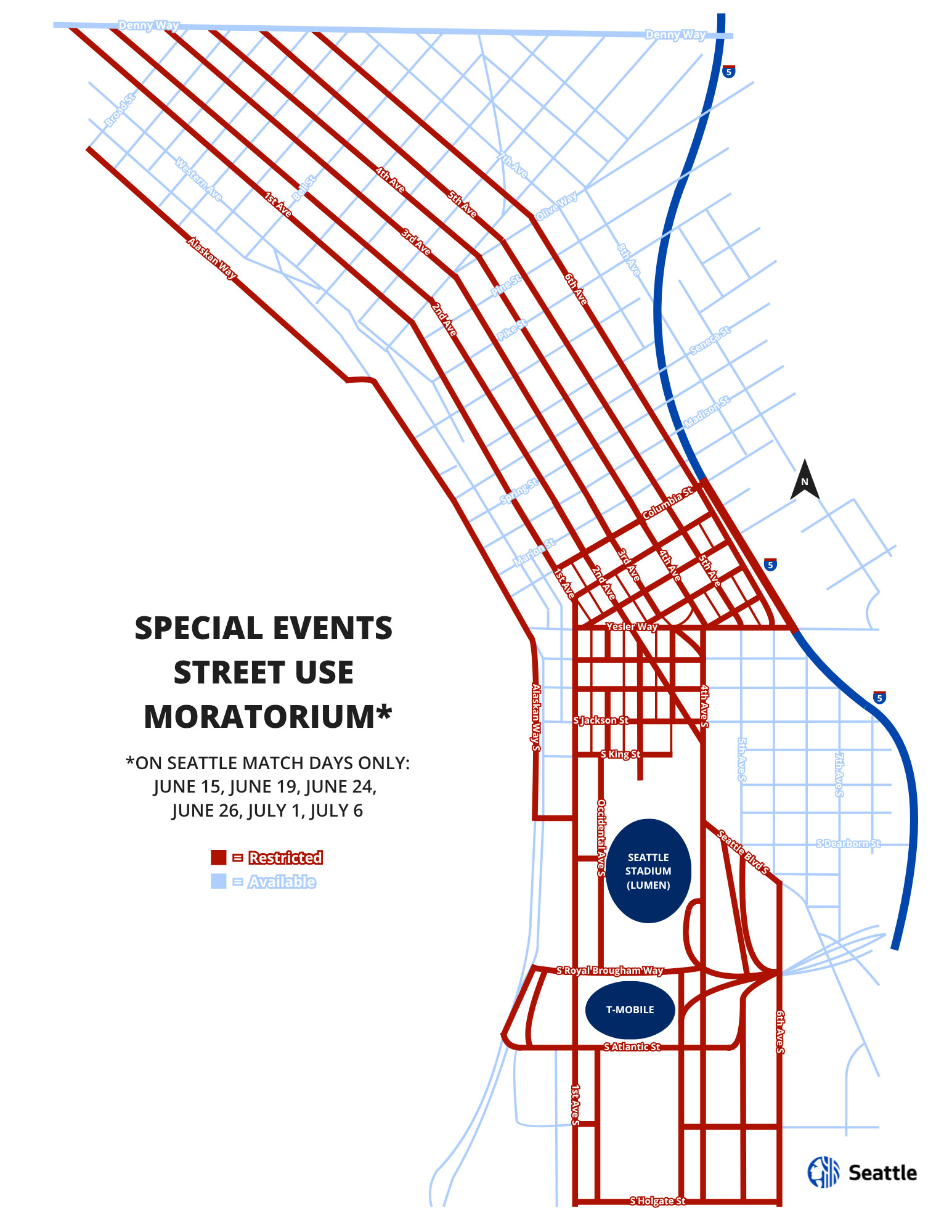 Map of downtown Seattle streets with restrictions during Seattle matchdays denoted in dark red. Available streets denoted in light blue.