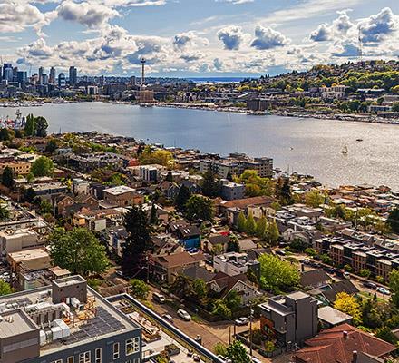 Overhead daytime view of the Seattle city skyline from the east side of Lake Union