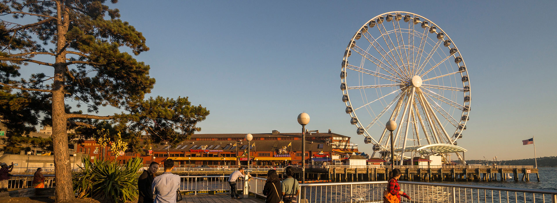 People standing along a waterfront promenade near a large Ferris wheel, with a tree in the foreground and buildings along the pier in the background.