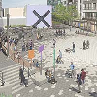  A rendering depicting a large, accessible plaza, bordered by seating areas and framed by apartment buildings with ground level commercial space and prominent balconies above. At the end of the plaza is a large x-shaped sculpture (titled andimgonnamisseverybody by Christopher Paul Jordan), and in the foreground (the closest end of the plaza) sits another art installation with interpretive signs (titled We’re Already Hereby Civilization). A variety of people are standing/sitting in and around the plaza.