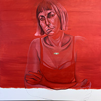 An acrylic portrait of Molly in pink and red hues.