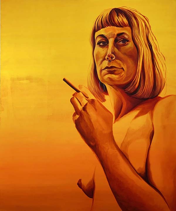 An acrylic self portrait of Molly Vaughan holding a cigarette.