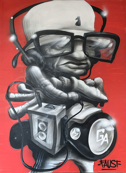 Stylized character with big hat, glasses, and headphones listening to a walkman.