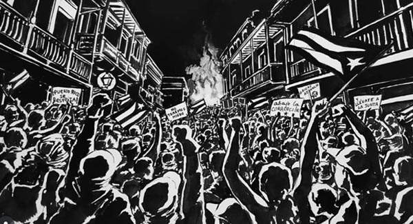 Black and white illustration of a protest with many people holding Puerto Rican flags and a fire burning in the distance