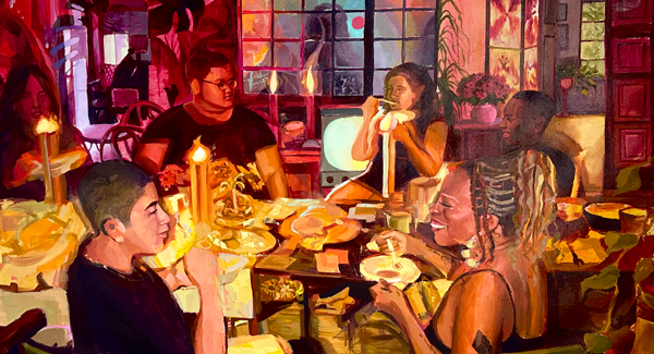 Painting of a group of young Black people eating around a dinner table