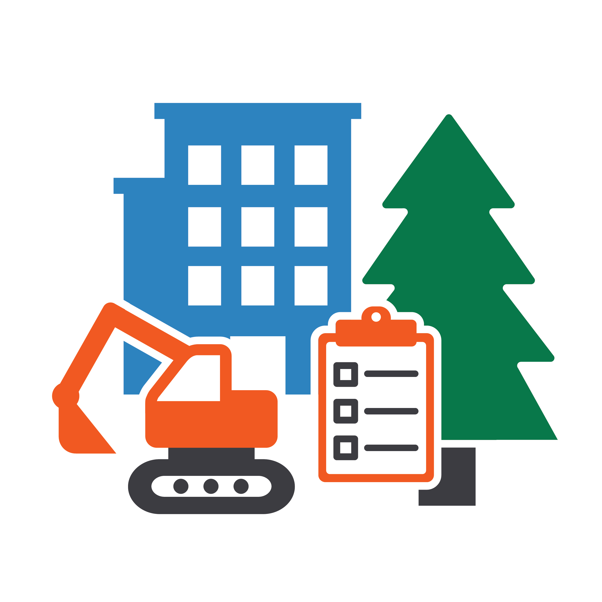 Icon featuring tree near an apartment building with construction equipment nearby.