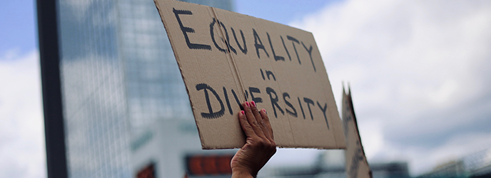 Cardboard sign stating Equality in Diversity