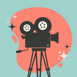 Playful graphic design with a peach-colored splash over a light blue background. A film projector is at the center and sparkles surround it.