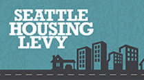 A teal and grey illustration. The background is teal with illustrations of dark grey buildings. In white text reads "Seattle Housing Levy."