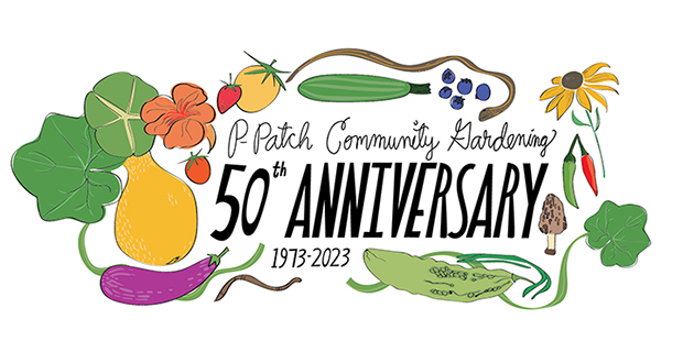 Hand drawn veggies with the words P-Patch Community Gardening 50th Anniversary.