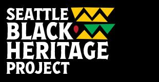 Black background and white text reading Seattle Black Heritage Project and drawings that reflect Kente cloth