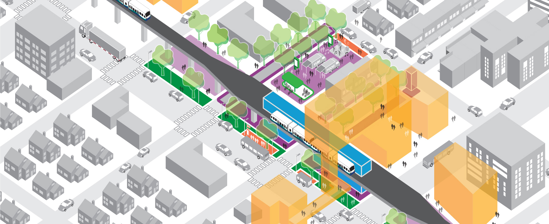 Stylized rendering of a station area, including buildings, transit stations, greenery, community spaces, etc.