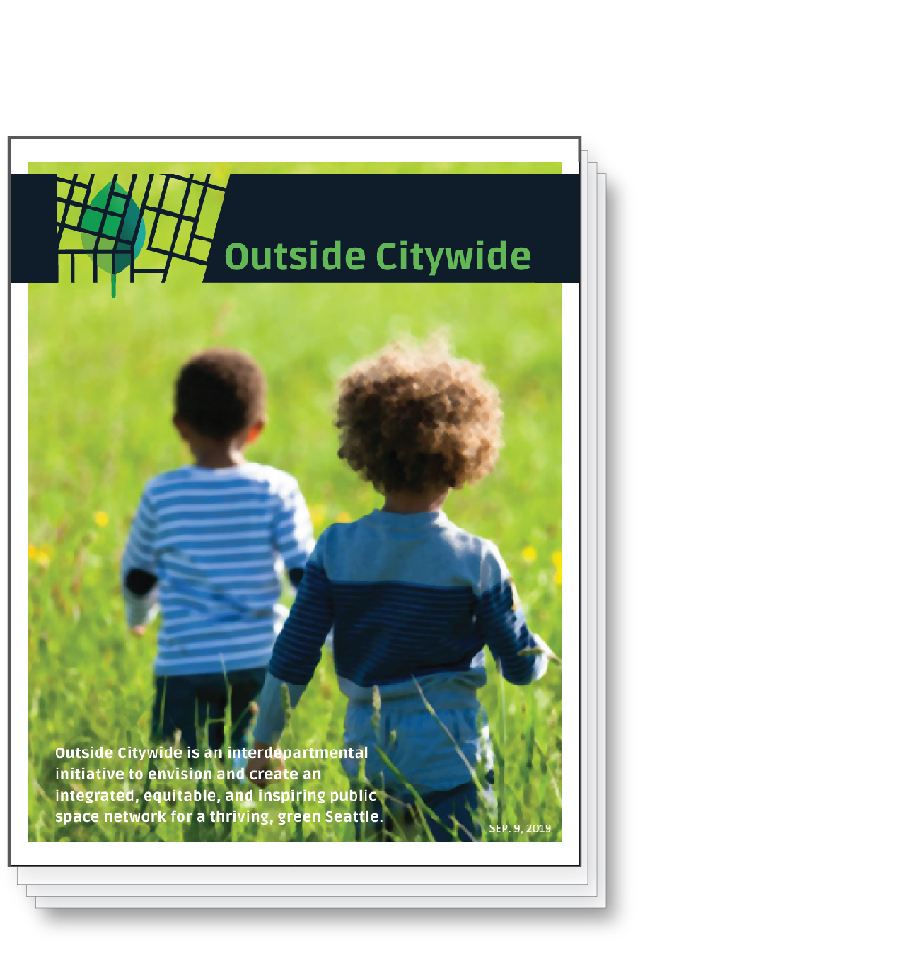 Outside Citywide Vision Booklet Cover with two kids in a grass field