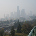 Downtown Seattle skyline covered with wildfire smoke