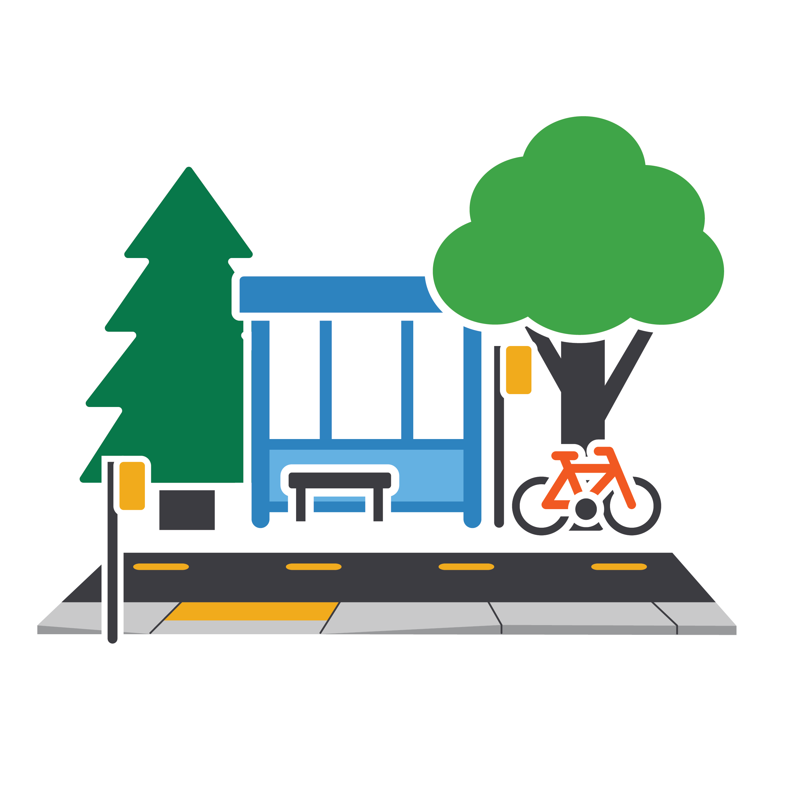 Icon of a city bust stop with trees on each side, and an orange bicycle propped against the tree on the right