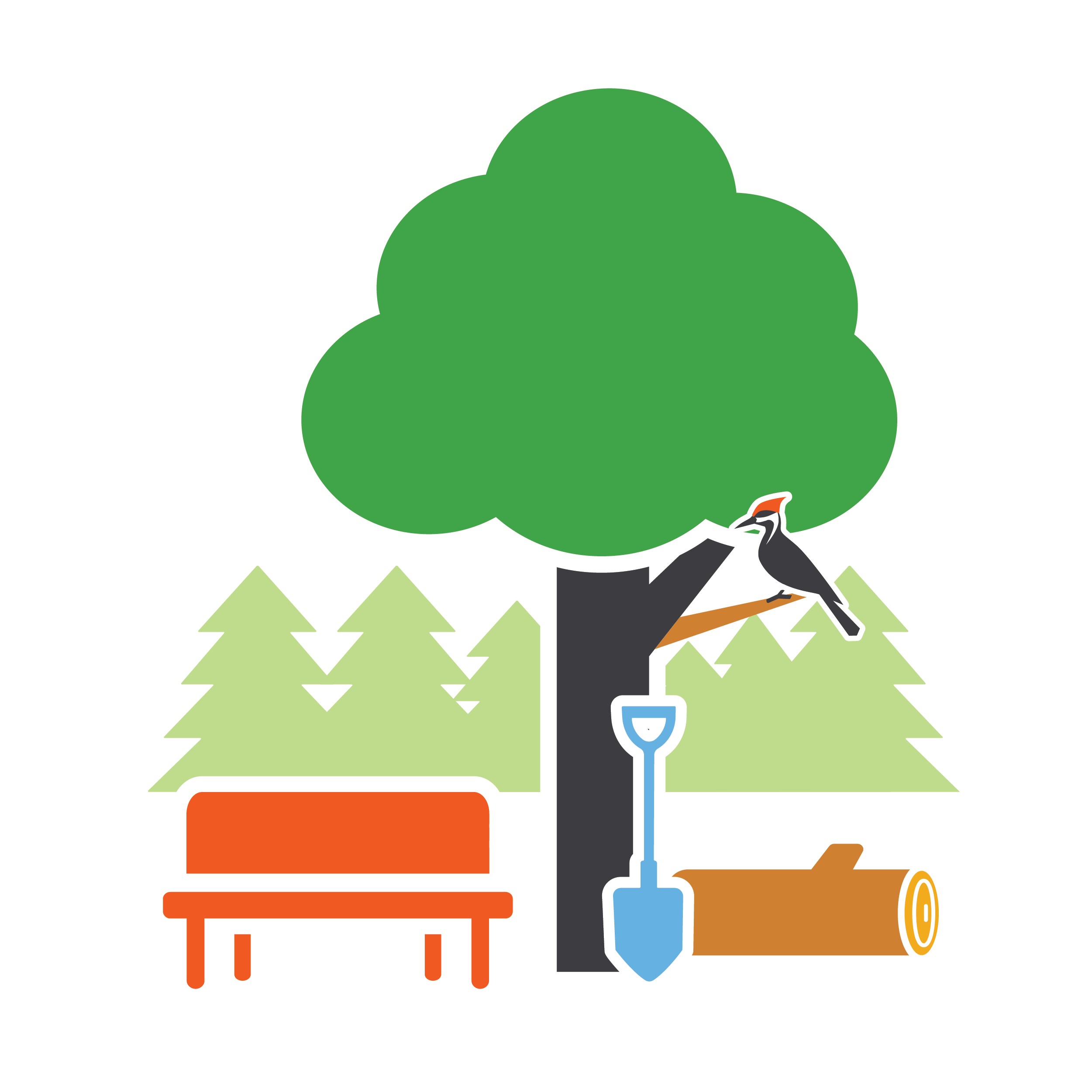 Icon of a green tree with bird perched on the limb, beside an orange bench and light green trees in the background