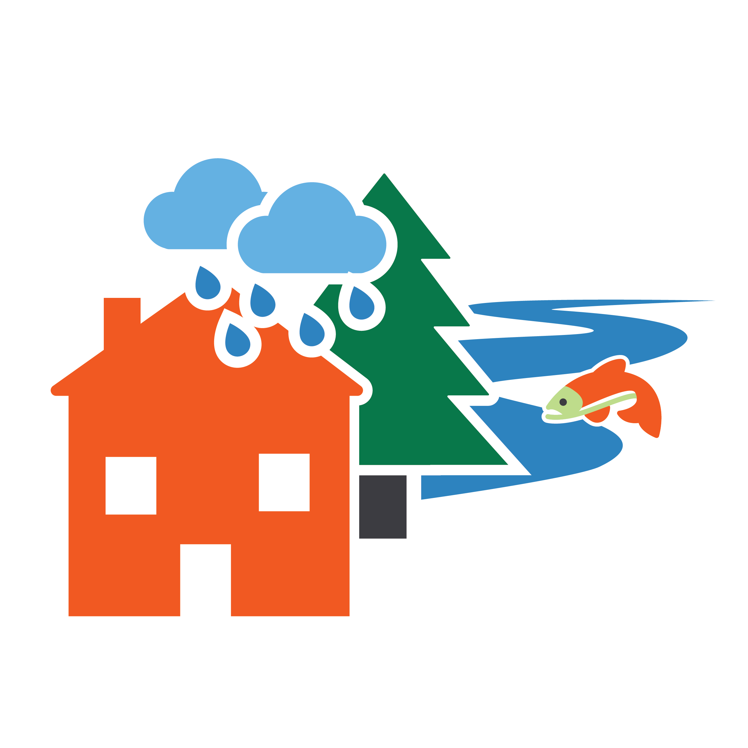 An icon of an orange house in front of a green tree and blue river winding in the background