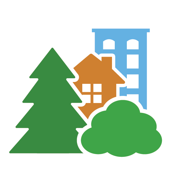 An icon of a green tree and bush in front a brown house and blue building 